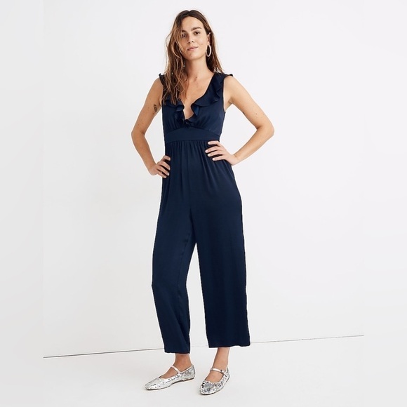 Madewell Satin Ruffle Neck Jumpsuit in Navy Blue Womens Size 2 - Picture 1 of 8